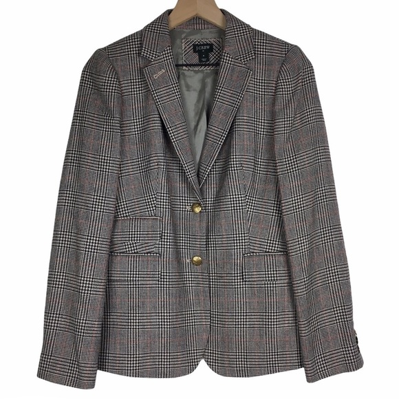 J CREW Jacket Blazer Wool Glen Plaid Houndstooth Check Brown Beige Red Size 8 - Picture 1 of 12